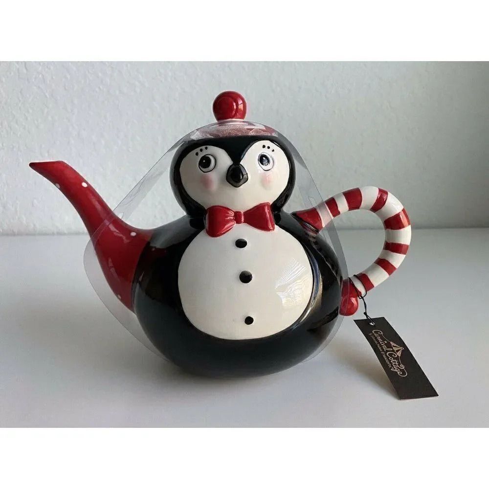 Johanna Parker Carnival Cottage Ceramic PENGUIN‎ Christmas TEAPOT Candy Cane NEW